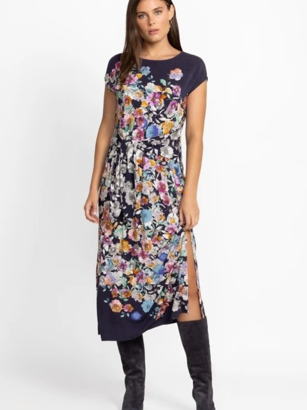 Johnny Was Floral Navy  Dress with Side Slit Small